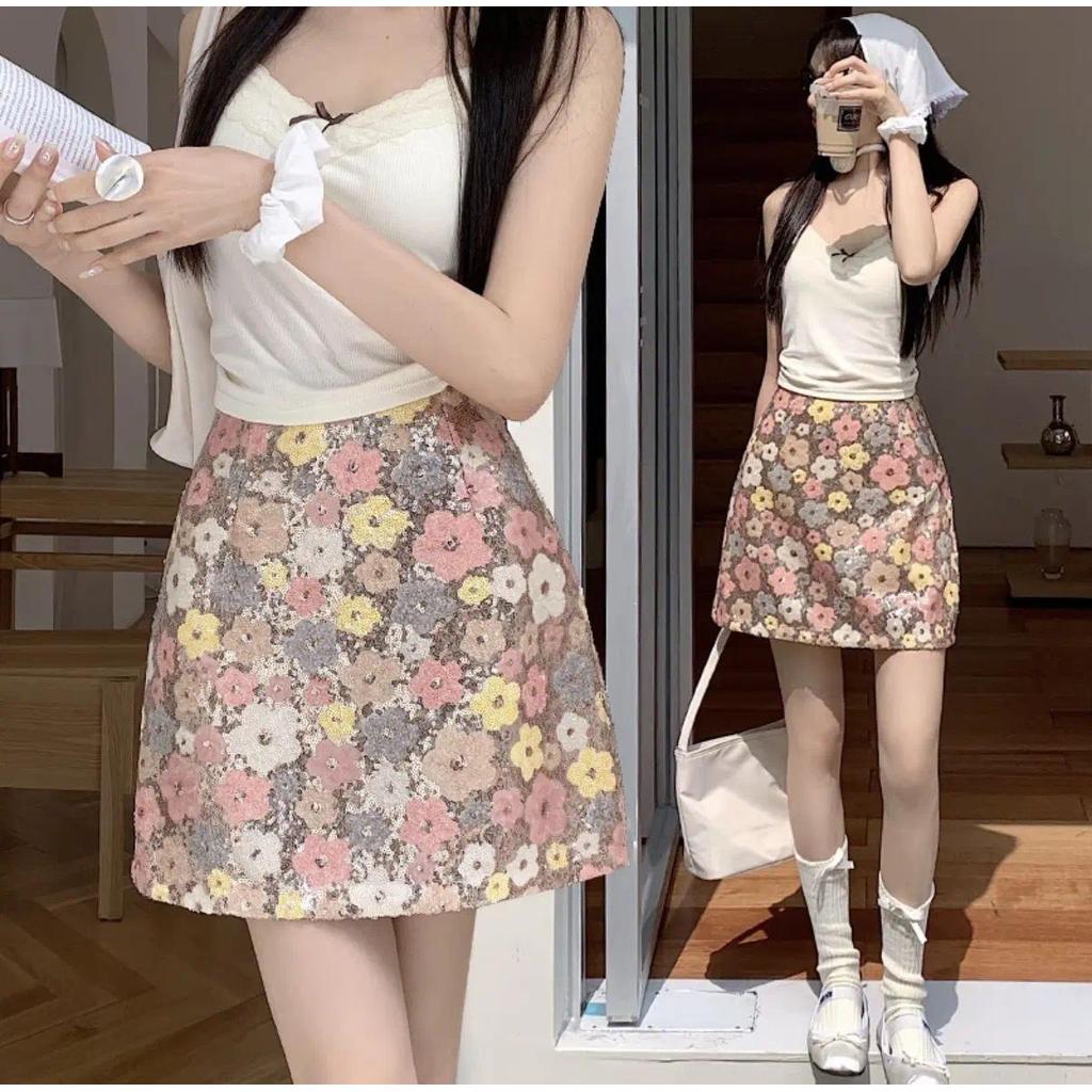 Dahong 99512 กระโปรงปักเลื่อมคอลเล็กชั่นพิเศษ รุ่นดอกไม้พาสเทล น่ารักไฮโซเก๋กรุบ แมทช์ง่ายได้ลุคหวานปนชิค