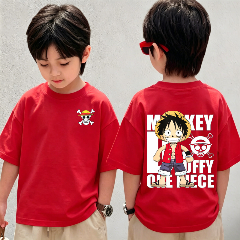 LUMI BABY เสื้อยืดเด็ก ผ้าฝ้าย 100% เสื้อเด็กผู้ชาย แฟชั่น One Piece's Luffy เสื้อยืดพิมพ์ลาย ไซส์ 90-150 นุ่ม ใส่สบาย