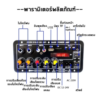 สายลำโพง 2 เส้น พร้อมจอแสดงผล แอมป์บลูทูธ แอมป์จิ๋ว เครื่องขยายเสียง 900w 2ch บลูทูธ5.0 usb 12/24/220V ปรับเอคโค่