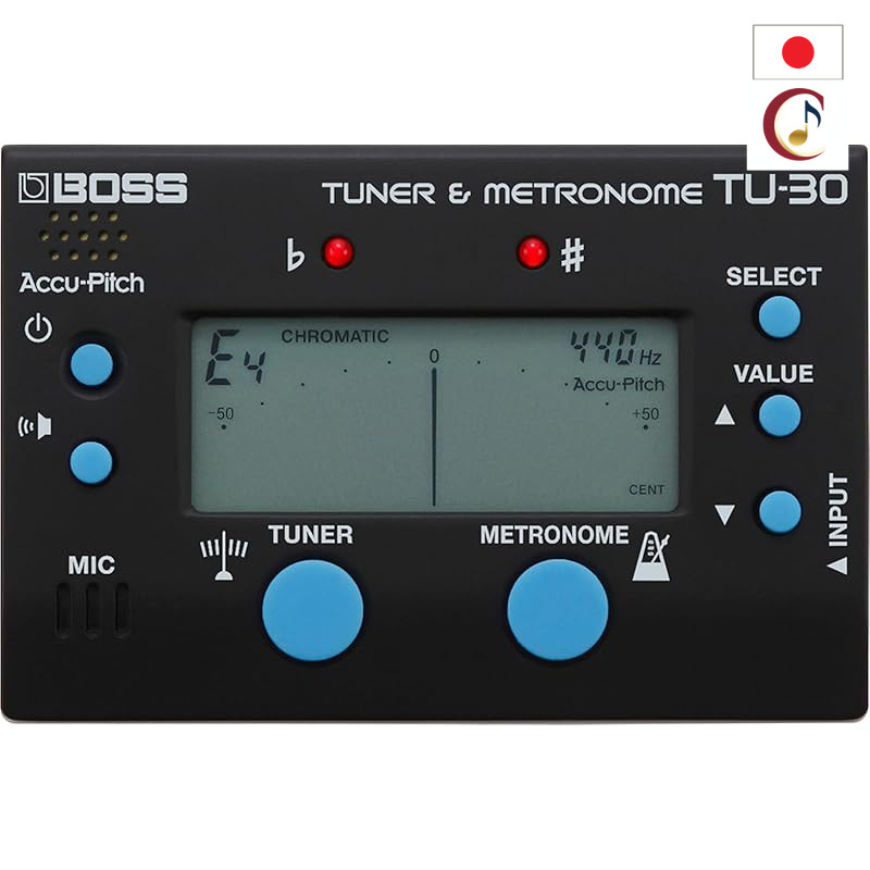 BOSS TU-30 Chromatic Tuner & Metronome with built-in microphone and input jack for guitar, bass, and