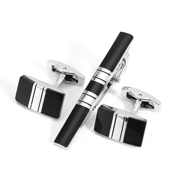 KEMEJA BW - French Cuff Buttons Cufflink Set Shirt Sleeves + Tie Clip Elegant Motif Free Box