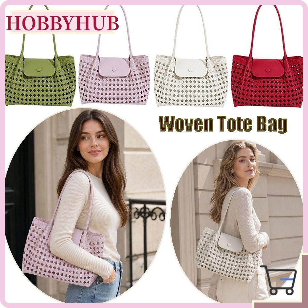 HOBBYHUB กระเป๋าผ้าทอ, กระเป๋าสะพายหนัง PU ความจุขนาดใหญ่, ตารางกลวงพร้อมกระเป๋าด้านในชายหาดด้ามยาว