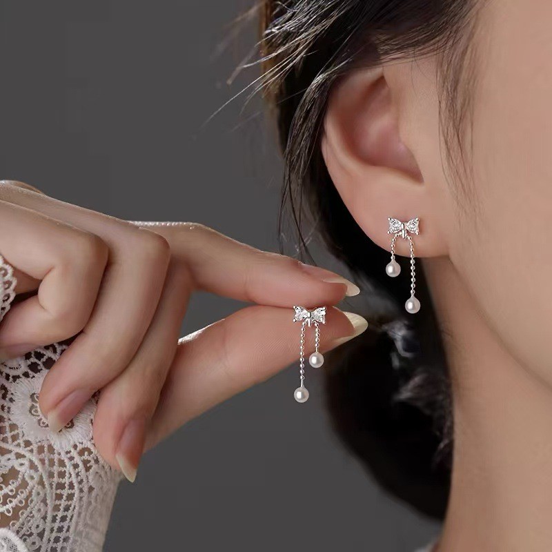 ส925เงินสเตอร์ลิงโบว์ต่างหูมุกแฟชั่นที่เรียบง่ายสุภาพสตรีของขวัญสวมใส่ทุกวัน