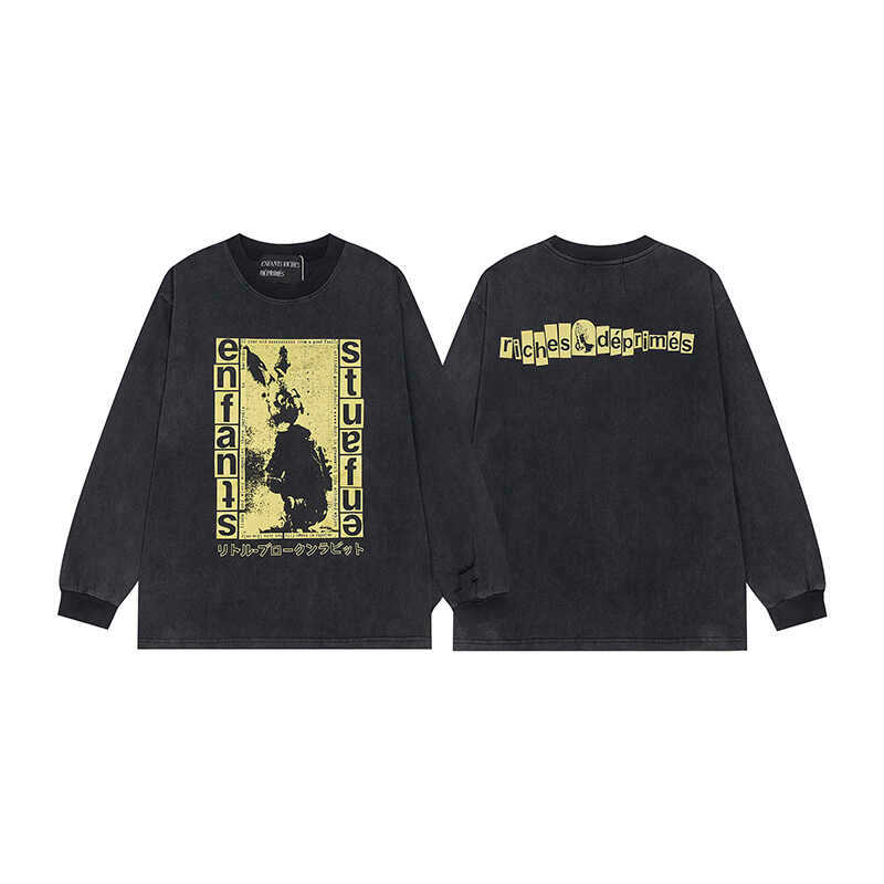 ERD Melanchon Fu รุ่นที่สองสไตล์ใหม่หลวม Fit ล้างสีดํา Distressed รอบคอ Ripped แขนยาวเสื้อยืด Un