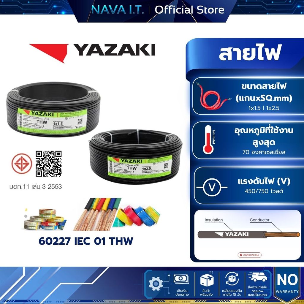 สายไฟ YAZAKI IEC 01 THW 1x1.5 1x2.5 ตร.มม. ยาว 100 เมตร