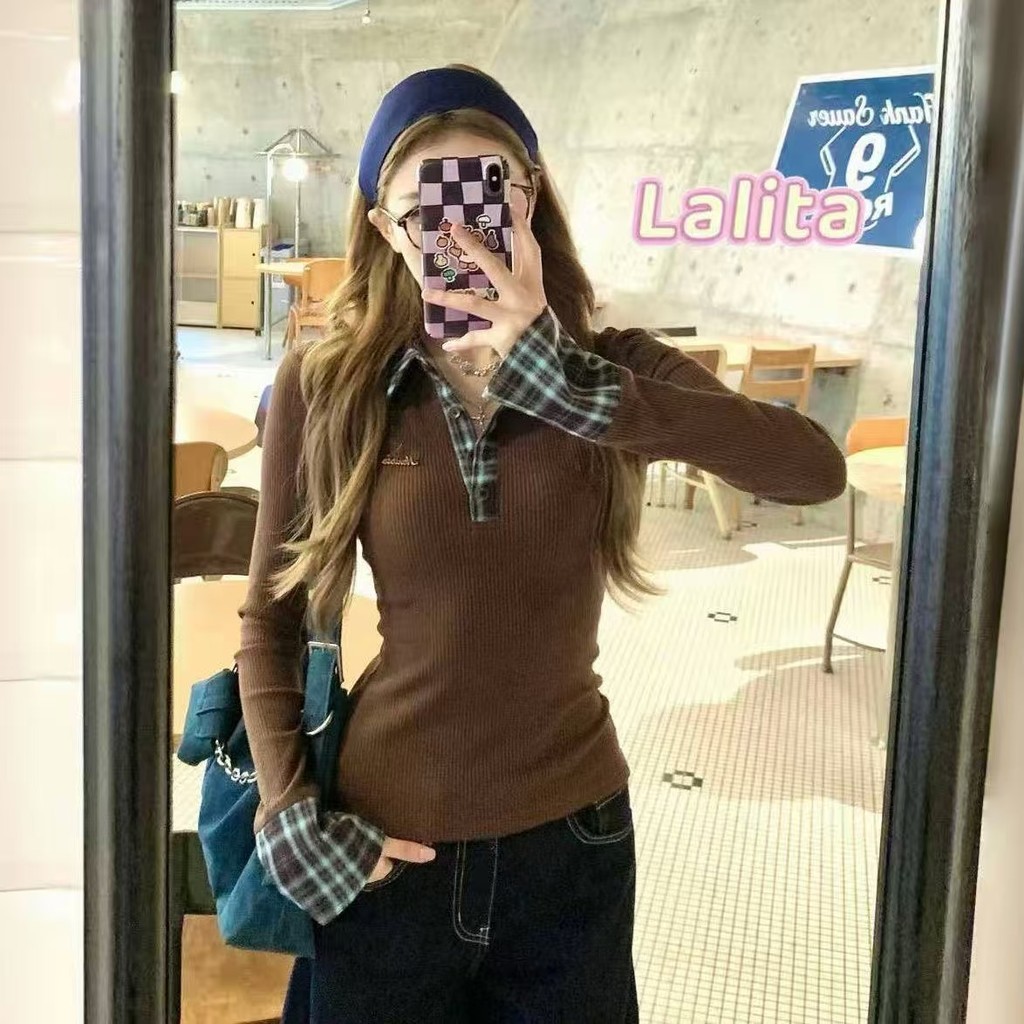 ส่งจากไทยทุกวัน 2สี เสื้อยืดผู้หญิง แขนยาว สไตล์ย้อนยุคแบบอเมริกัน🎀Lalita