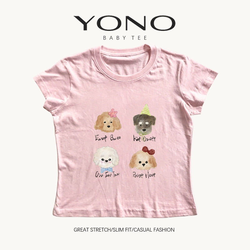 (พร้อมส่ง24ชม.) YONO baby tee สีชมพู ลายแก๊งน้องหมา 4 แบบ ทรงเข้ารูป สไตล์เกาหลี y2k