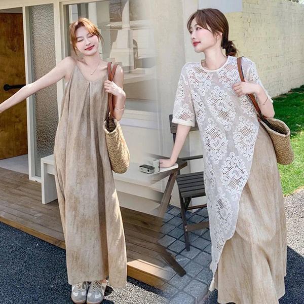 mimi&didi#ชุด 2สองชิ้นสำหรับผู้หญิง ประกอบด้วยเสื้อลูกไม้แขนสั้นคอทรงกลมและเดรสสายเดี่ยวสไตล์เรโทร#99518+519