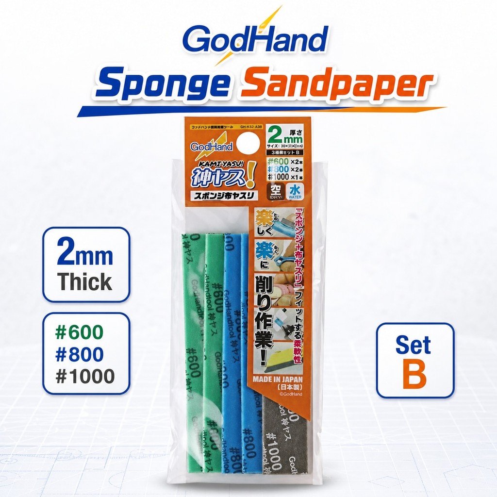 ฟองน้ำขัด GodHand God Yas GH-KS2-A3B หนา 2mm ชุด B #600/#800/#1000 ขัดโมเดล