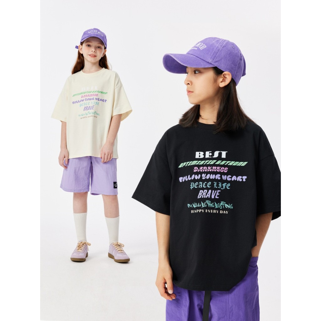 เสื้อยืดเด็กแขนสั้นสไตล์อเมริกัน ลายสกรีนตัวอักษร ผ้าคอตตอนระบายอากาศ ทรงหลวมใส่สบาย ✨Lzbao23.th✨