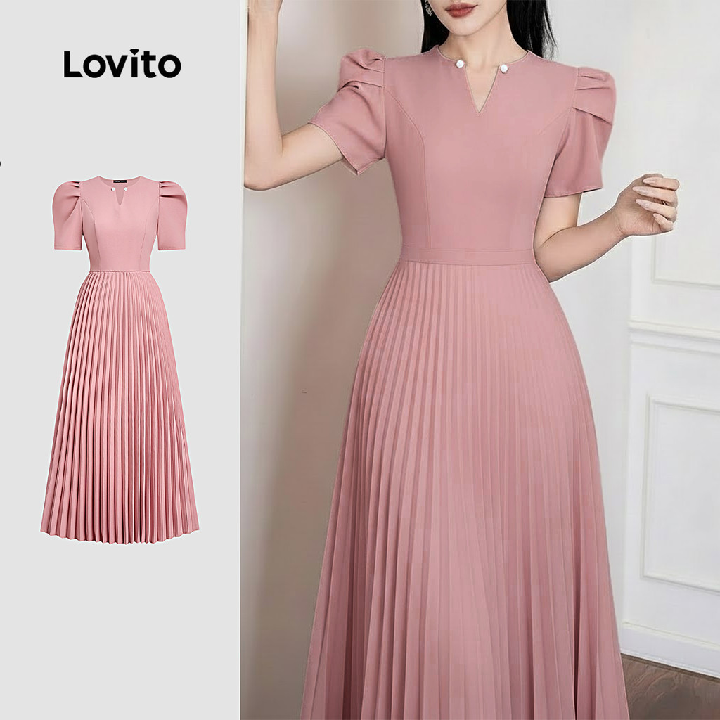 Lovito สง่างาม เดรสซิปกระโปรงพลีตสําหรับฤดูใบไม้ผลิ/ฤดูร้อนสีชมพูสําหรับผู้หญิง L171ED220