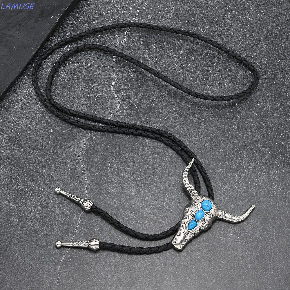 LAMUSE Bolo Tie สร้อยคอ,ปรับ Turquoise Bull Head สร้อยคอ,อินเทรนด์ทุกวันชุด PU หนัง Casual Vintage เสื้อกันหนาวผู้ชายผู้หญิง