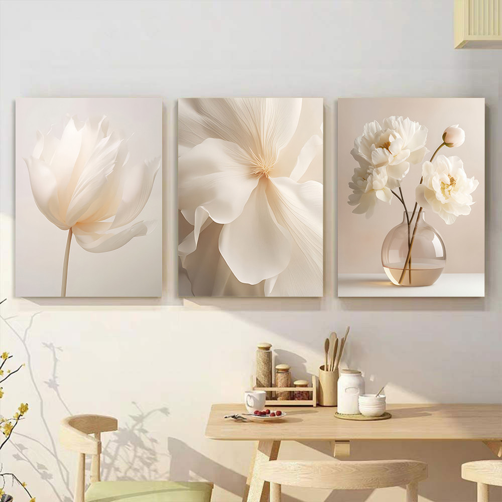 สีขาวนุ่มดอกไม้ผ้าใบ Wall Art พร้อมกรอบ Minimalist Neutral Nordic ห้องนั่งเล่นตกแต่งบ้าน