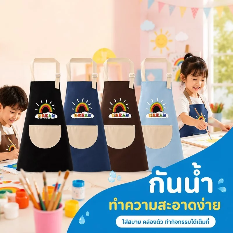 ผ้ากันเปื้อนเด็ก กันน้ำ ผ้าโพลีเอสเตอร์ สายปรับได้ ซักง่าย งานศิลปะ ระบายสี ทำอาหาร วัย 4 15 ปี