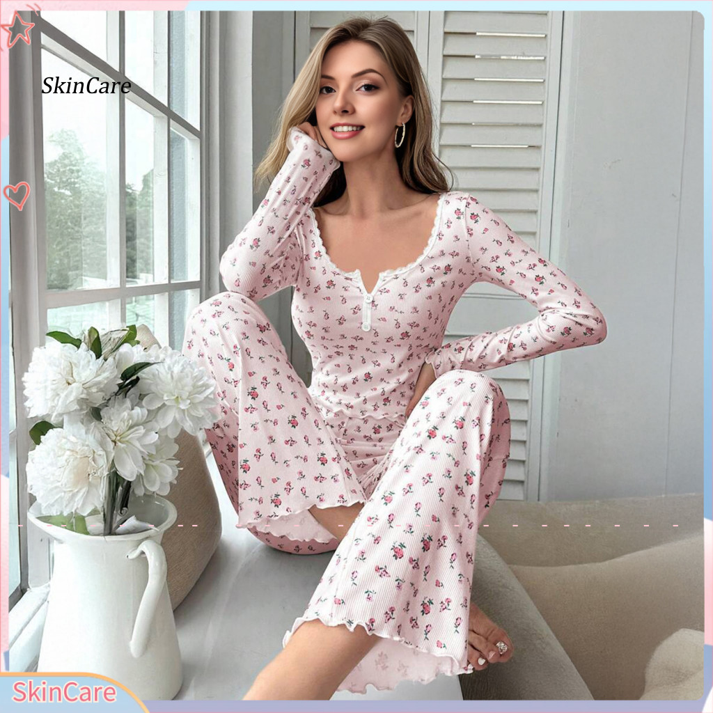 Skincare* ชุดนอนแฟชั่นผู้หญิงชุดนอนผู้หญิงs ดอกไม้แขนยาวนอนชุด – Ruffle Trim V คอ Crop Top กางเกงขาก
