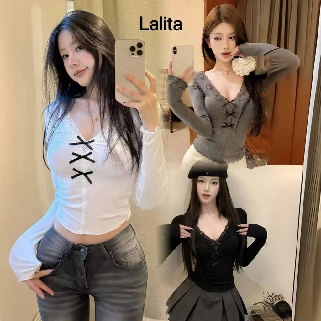 (จัดส่งจากกรุงเทพฯ) เสื้อยืดผู้หญิง ฤดูใบไม้ผลิและฤดูใบไม้ร่วงรูปแบบใหม่ ตกแต่งโบว์ ลูกไม้ ผอมเพรียว