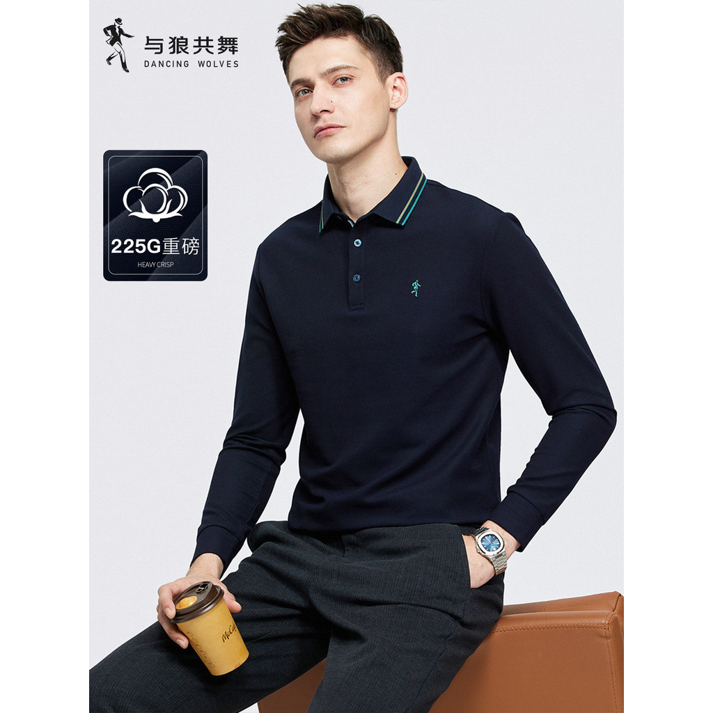 [225G Heavyweight] Dancing with Wolves Contrast Color Lapel Long-Sleeved T-Shirt Men Autumn Style Co