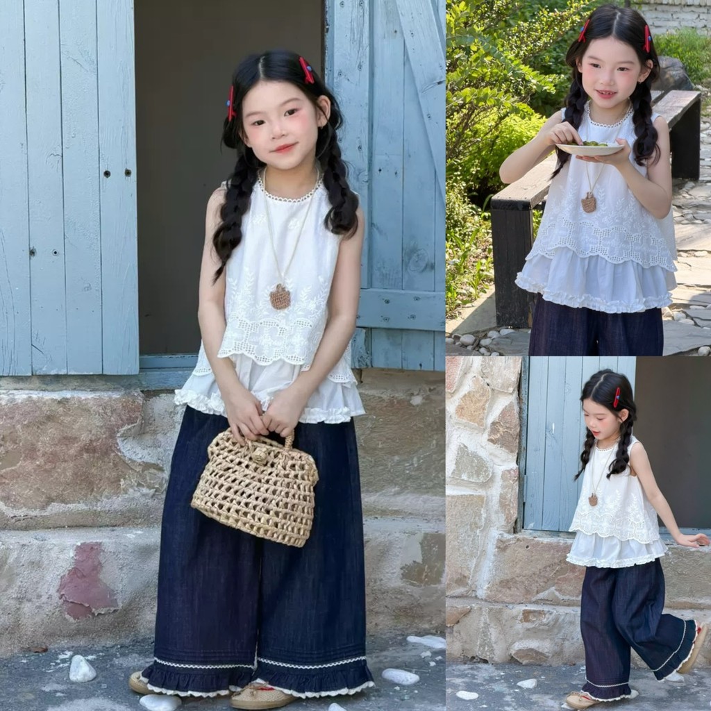 PRETTY BABY เสื้อเด็ก เสื้อแขนกุด ปักลูกไม้ แต่งระบาย กางเกงขายาว สีเข้ม แต่งระบาย(2338)