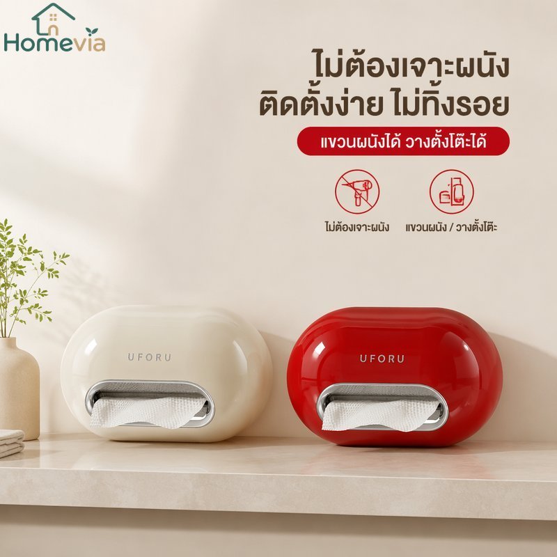 กล่องทิชชู่ติดผนังไม่เจาะโต๊ะใช้ฝาแม่เหล็กสปริงยกช่องกว้างฐานกันลื่น