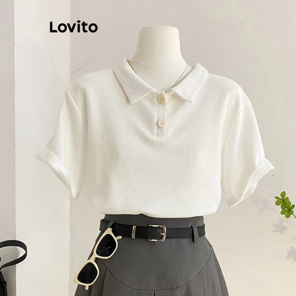 Lovito แคชชวล เสื้อยืดทรงหลวมเรียบๆ ผ้าถักลายวาฟเฟิล โปโล สำหรับผู้หญิง L68ED039 (หลากสี)