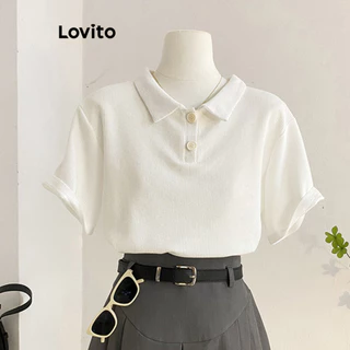 Lovito แคชชวล เสื้อยืดทรงหลวมเรียบๆ ผ้าถักลายวาฟเฟิล โปโล สำหรับผู้หญิง L68ED039 (หลากสี)