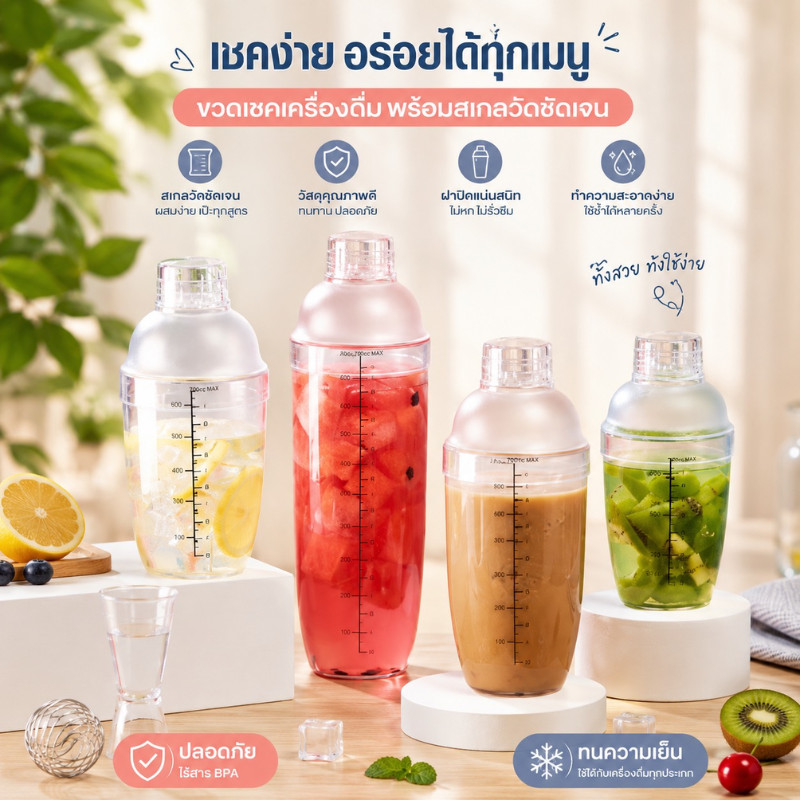 ZZ HOME01 แก้วเชค ค็อกเทล พลาสติก (มีให้เลือก4ขนาด) แก้วเช็ค เชคเกอร์ กระบอกเชค จิกเกอร์ Cocktail Shaker Mixer