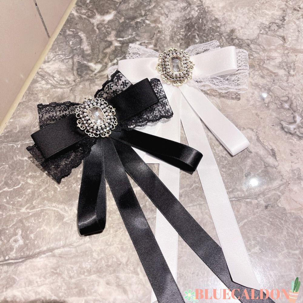เข็มกลัดโบว์สีดำ เพชรสังเคราะห์และผ้าลูกไม้ สำหรับตกแต่งเสื้อโค้ท