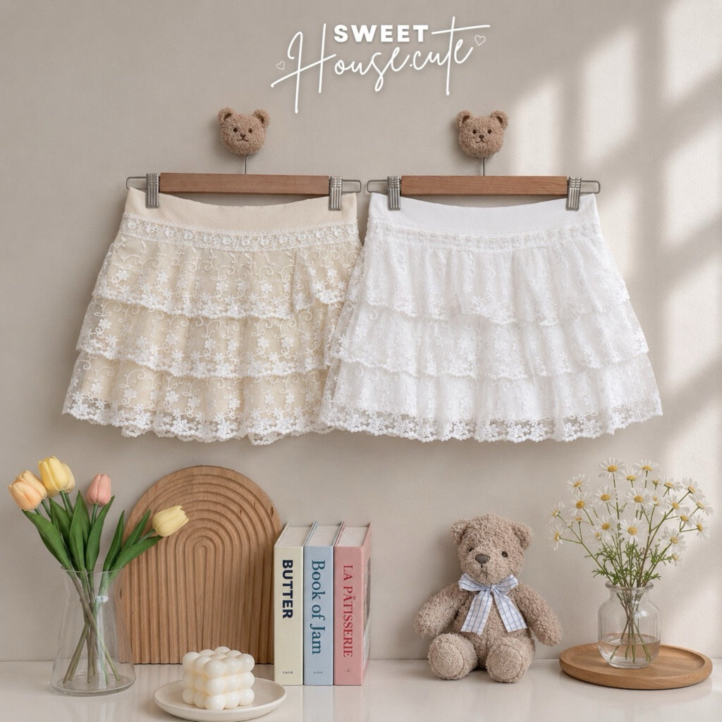 🧸 SweetHouse #747 🌻 กระโปรงลูกไม้ระบาย 3 ชั้น เอวยางยืด สีขาว/สีครีม สาวหวาน วินเทจ คาเฟ่