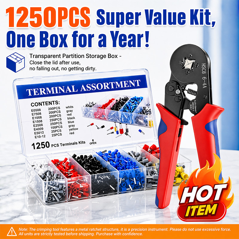 คีมย้ำหางปลา HSC8 6-4A พร้อมขั้วต่อ 1250/400 ชิ้น สำหรับงานไฟฟ้า ย้ำแน่น ทนทาน