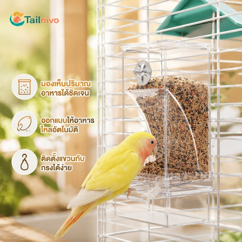 เครื่องป้อนนกอัตโนมัติแขวนกรงตู้ป้องกันการรั่วไหลไม่มีกล่องใสทําความสะอาดง่าย