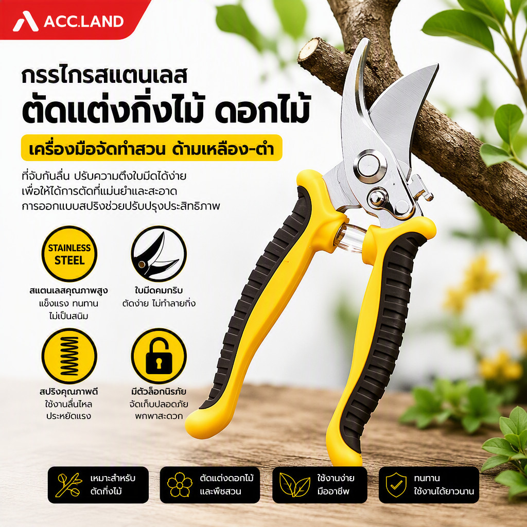 [พร้อมส่ง] กรรไกร แต่งกิ่ง สแตนเลส สำหรับตัดแต่งกิ่งไม้ ดอกไม้ เครื่องมือจัดทำสวน ด้ามเหลือง-ดำ ราคา/ชิ้น