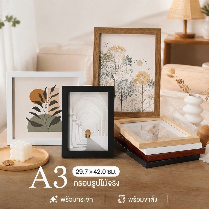 กรอบรูปไม้ A3 29.7*42CM กรอบแขวนผนัง ตั้งโต๊ะ พร้อมกระจก ขาตั้ง ฝาหลัง MDF กรอบเบา ทน