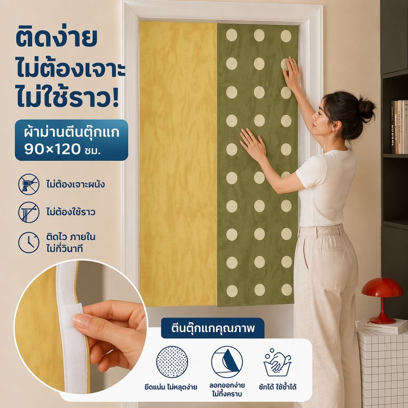 ม่านประตู ลายจุด ติดตีนตุ๊กแก ไม่ต้องเจาะผนัง ม่านประตูครึ่ง สไตล์อินส์วินเทจ เหมาะกับห้องครัว ห้องนอน 90*120 ซม