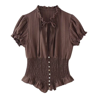 Ruffle Tie Blouse เสื้อเบลาส์ผู้หญิงคอผูกโบว์ขอบฟริลล์ แขนพองเอวย่นรัดทรงสัดส่วนดี ผ้าลายร่องบางเบา มี2สี ครีมอ่อน/น้ำตาล Size S-L