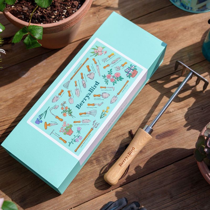 Berry & Bird Gardening Forest White Wax ด้ามไม้สแตนเลสหลวมดิน Rake Hoe ปลูกดอกไม้ Weeding ดินเปลี่ยนเครื่องมือ