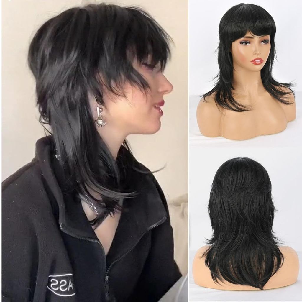 Mullet หมาป่าตัดวิกผม Bangs Layered สีดํา Mullet วิกผมสั้นสังเคราะห์ Mullet วิกผมสําหรับผู้หญิงสีดํา