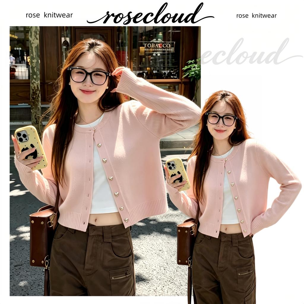 ROSE 16602เสื้อคาร์ดิแกนผู้หญิงคุณภาพสูง แขนยาว กระดุมรูปหัวใจโลหะผ้ายืดหยุ่นสูง สไตล์เกาหลี แต่งตัวได้หลายลุค นุ่มสบาย