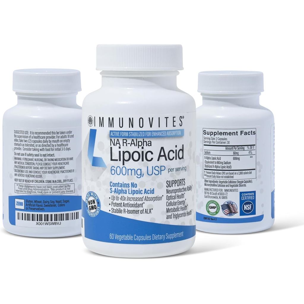 IMMUNOVITES 3-Pack Stabilized R-Alpha Lipoic Acid ((True)) 600mg ต่อเสิร์ฟ [[ & สูงสุด 40x เพิ่มการด