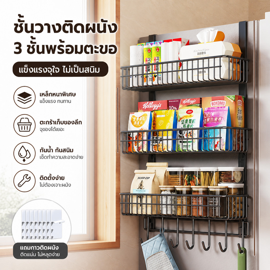 ชั้นวางของข้างตู้เย็น แบบแขวน หลายชั้น ที่เก็บเครื่องปรุง ขวดโหล พร้อมตะขอ ประหยัดพื้นที่