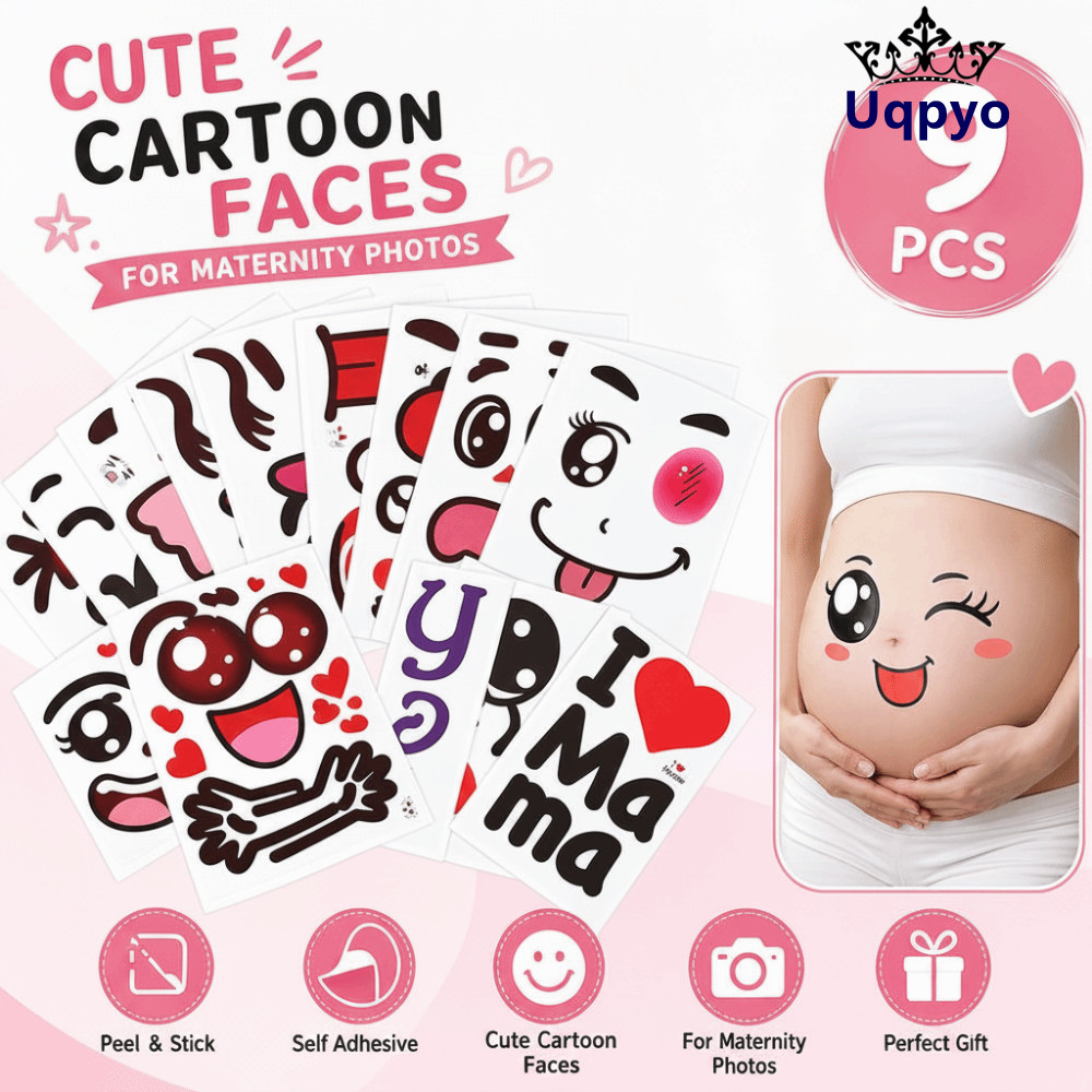 UQPYO 9 ชิ้น/เซ็ตสติกเกอร์ท้องตั้งครรภ์,ลอกและติดการแสดงออกน่ารักสติกเกอร์ท้องคลอดบุตร,หลากสีรูปแบบใบหน้าการ์ตูนกาวตนเองสติกเกอร์ชนทารก