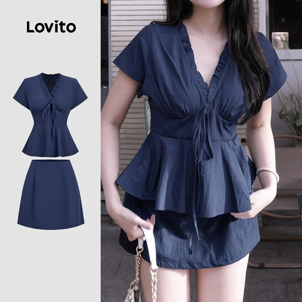 Lovito แคชชวล เสื้อหรือกางเกงทรงสวยหรูสำหรับใส่ไปทำงาน สไตล์คลาสสิกและใช้งานได้หลากหลาย ดีไซน์ระบายช่วงฤดูใบไม้ผลิ/ฤดูร้อน เสื้อหรือกางเกงสีฟ้าสำหรับผู้หญิง L154ED326
