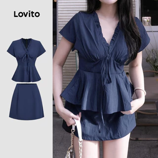 Lovito แคชชวล เสื้อหรือกางเกงทรงสวยหรูสำหรับใส่ไปทำงาน สไตล์คลาสสิกและใช้งานได้หลากหลาย ดีไซน์ระบายช่วงฤดูใบไม้ผลิ/ฤดูร้อน เสื้อหรือกางเกงสีฟ้าสำหรับผู้หญิง L154ED326
