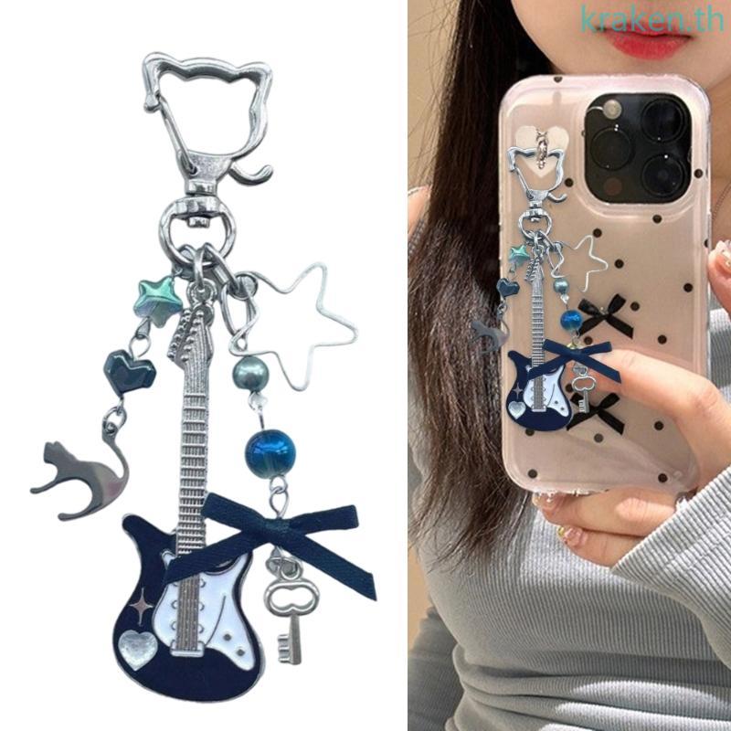 KRA Playful Beaded Feline Guitar Keychain Retro 2000s Style Fashion Bag Accessory