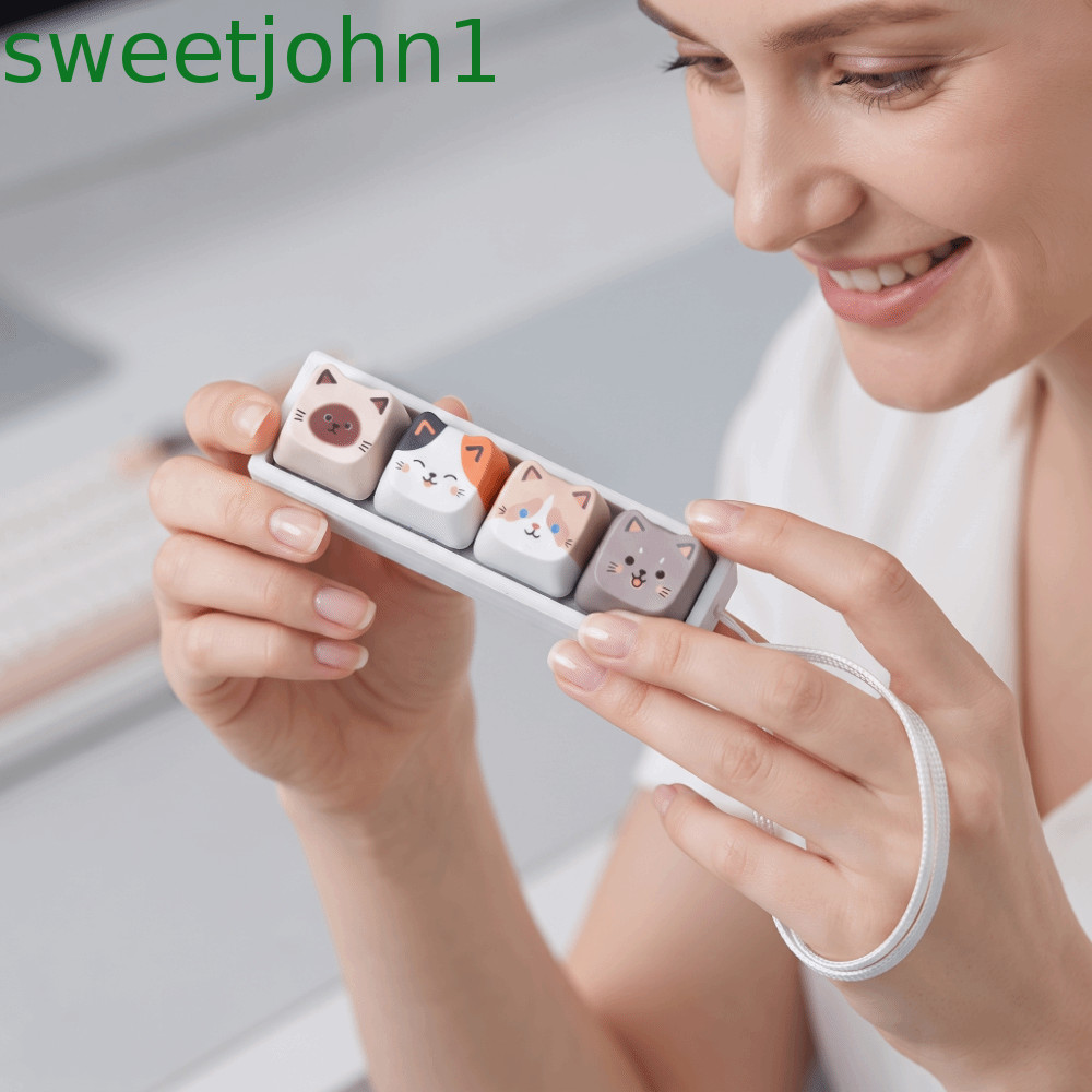SWEETJOHN Keycap Fidget พวงกุญแจ, 4 คีย์น้ําหนักเบาพวงกุญแจ Keycap, สีขาวสีดําแมวหยิกออกแบบแบบพกพารู