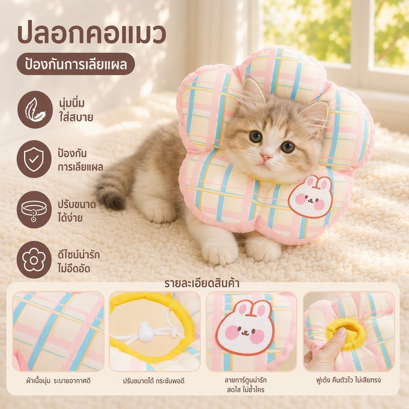 ปลอกคอกันเลีย แมว สุนัข แบบนุ่ม กันน้ำลาย ปรับได้ ไซส์ S M L XL ลายสัตว์น่ารัก