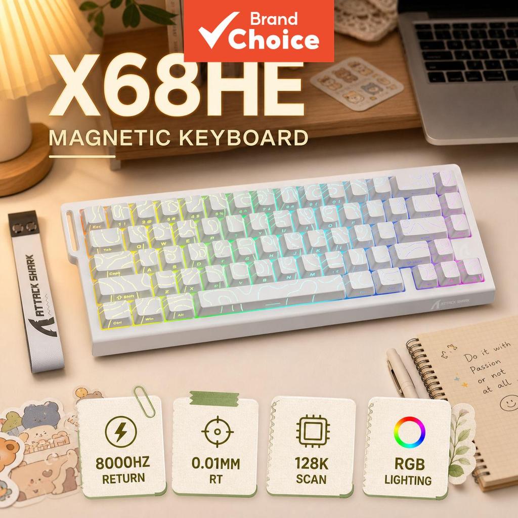 Attack Shark X68HE คีย์บอร์ดแม่เหล็กคีย์บอร์ดเกมปุ่มกด 66 คีย์ 8000Hz Polleling Rate 0.125ms Latency