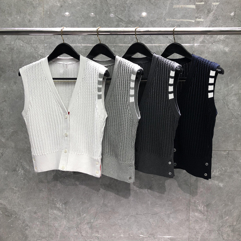 0RRT thhombrowne เสื้อกั๊กผู้หญิงฤดูใบไม้ผลิสวมใส่ด้านนอก v คอ Four-Button Jacquard Four-Bar ตาข่ายเ