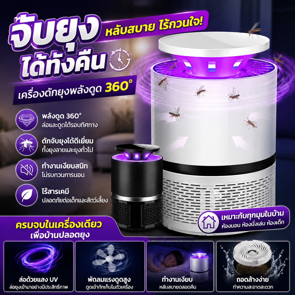 อัตราการฆ่ายุง99.9% 2026อัพเกรดใหม่ ไฟล่อยุง คลื่นแสงดึงดูดยุง 360° สตรีมีครรภ์และทารกใช้ได้เครื่องดักยุง โคมไฟดักยุง