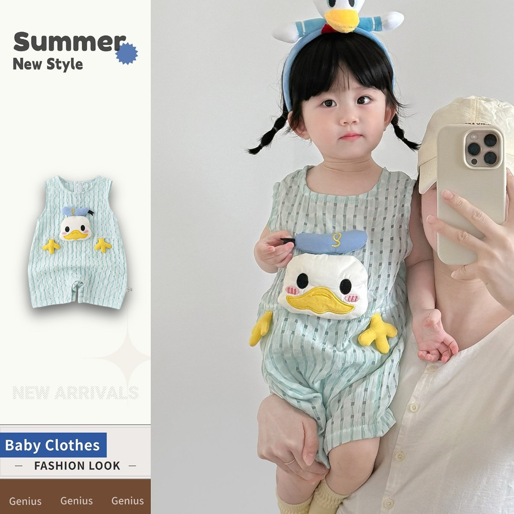 0-28 เดือนฤดูร้อนใหม่บางแขนกุดบอดี้สูทเด็กทารกเสื้อผ้าระบายอากาศสุดน่ารักการ์ตูนสไตล์ 3ง เป็ด ชุดรอมเปอร์ ทนกว่า