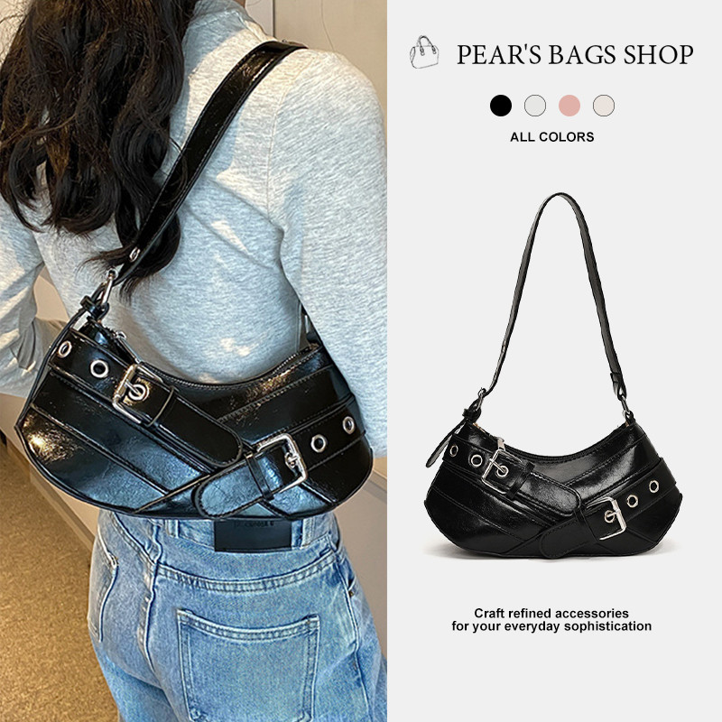 Pearsbags กระเป๋าสะพายไหล่ผู้หญิง สไตล์วินเทจ สายรัดเข็มขัดตกแต่ง ทรงครึ่งวงจันทร์ สะพายไปเที่ยวได้หลายโอกาส
